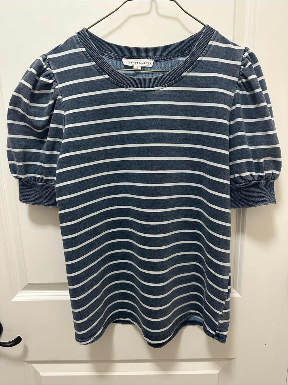Jane and Delancey Striped Puff-Sleeve shirt in Navy and White